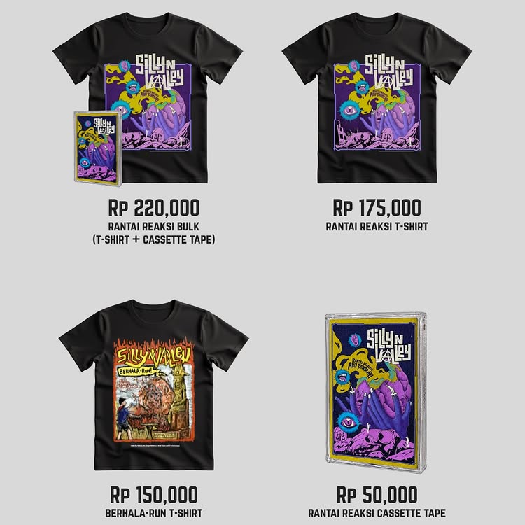 Persiapan merch booth DIY: kaset, kaos sablon tangan, dan booklet zine.